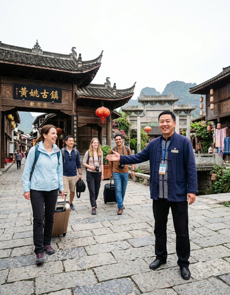 Grupo de personas visitando el antiguo pueblo de Furong en China, caracterizado por su arquitectura tradicional y calles de piedra.