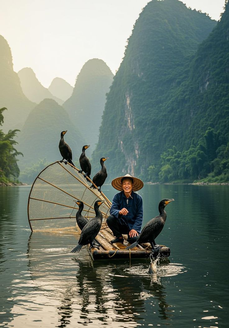 Pescador de cormoran en Yangshou con montañas de fondo