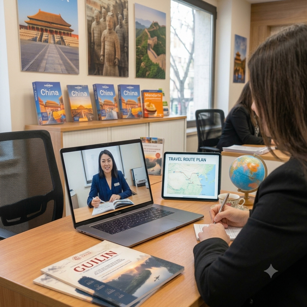 Videoconferencia profesional con un agente de viajes "Destino China"