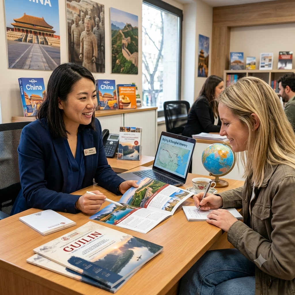Agente de viajes asesorando a una cliente en una oficina de Destino China