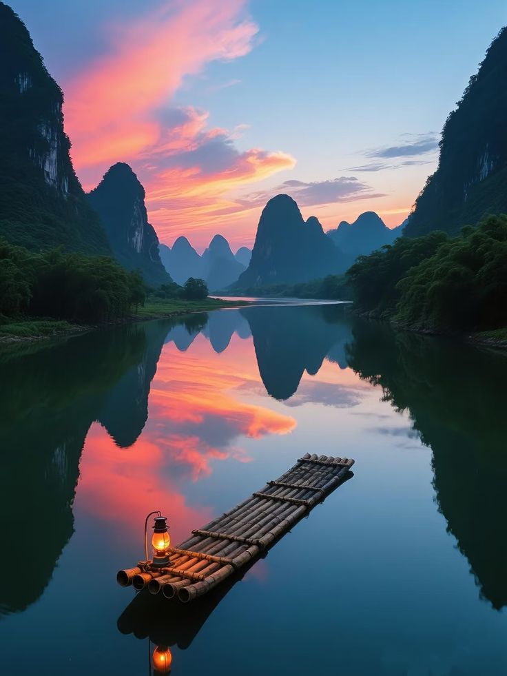 Atardecer en el Rio Li, cerca de Guilin China